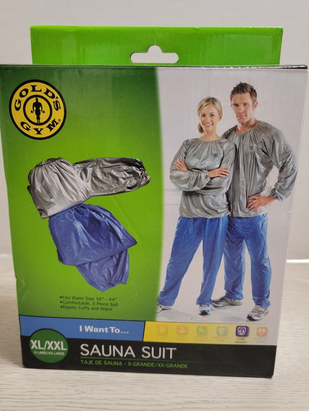 Gold's Gym Vinyl Sauna Suit 2-Piece XL/XXL Silver Jacket Blue Pants Set NEW